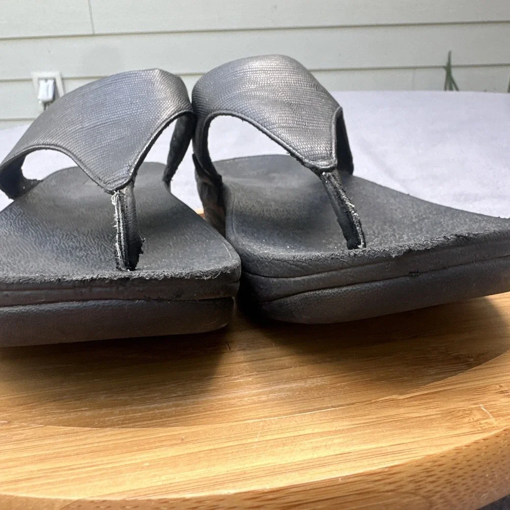FitFlop Lulu Flip Flops Comfort Sandal Shoes Womens 10 Black Leather Wedge